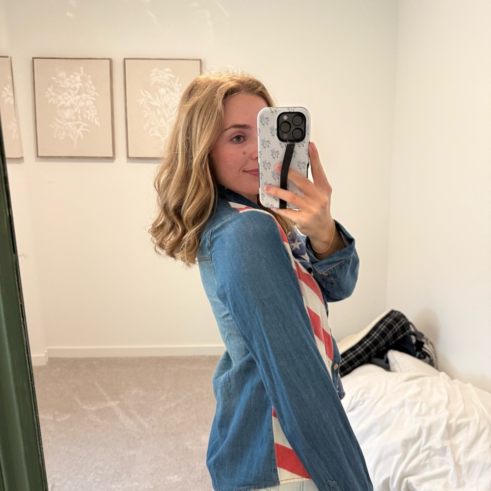 BDG Medium Patriotic American Flag Denim Button-Up Shirt - Picture 2 of 4